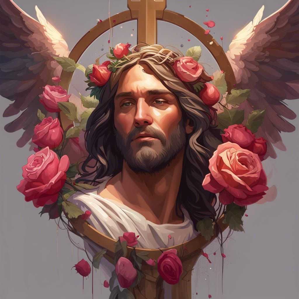 Jesus with Cross, Roses and Angels Portrait
