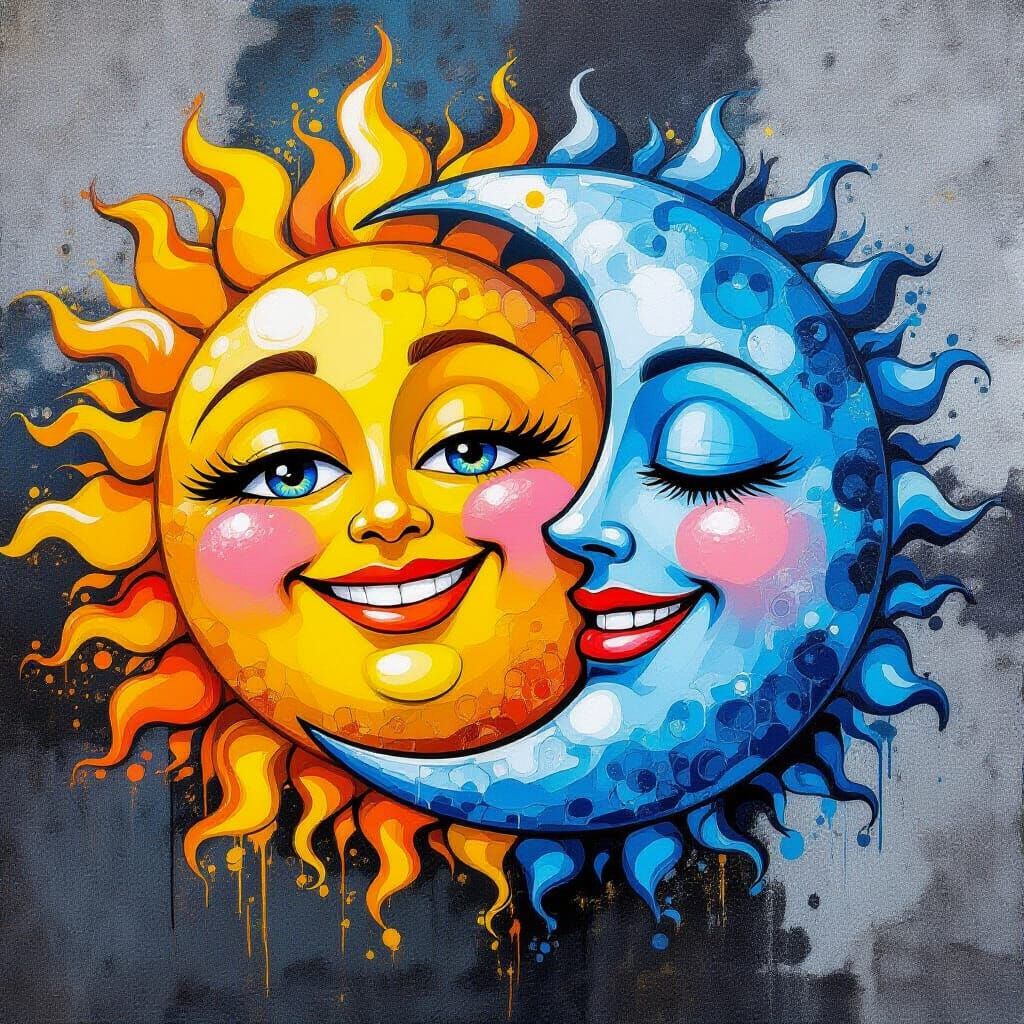 Vibrant Sun and Moon Mandala in Graffiti Style