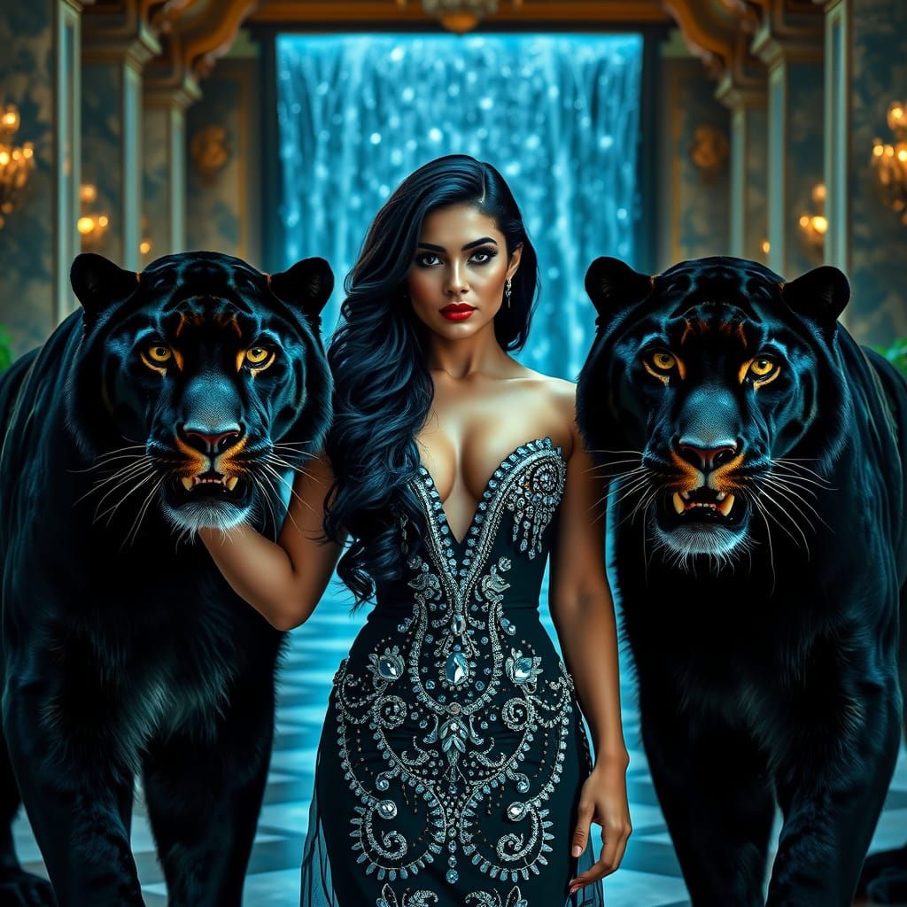Confident Beauty in Grandeur with Majestic Black Panthers