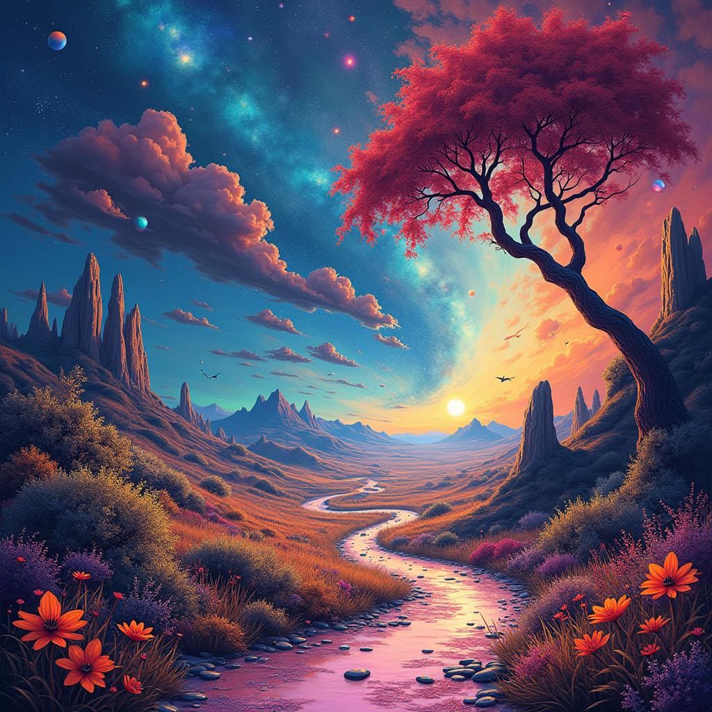 Psychedelic Music Notes in Surrealist Landscape, 8K