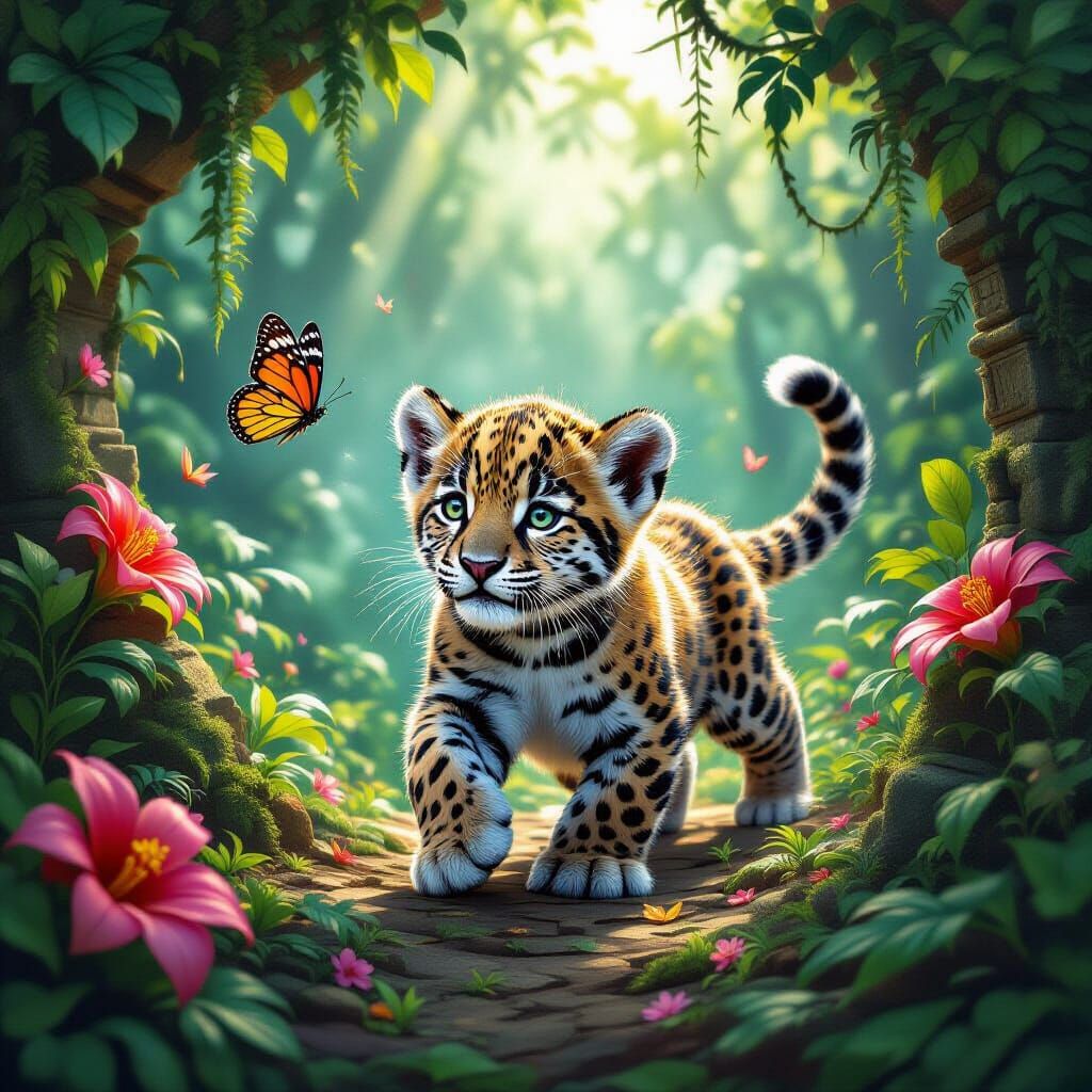 Jaguar Cub Chases Butterfly in Enchanted Jungle