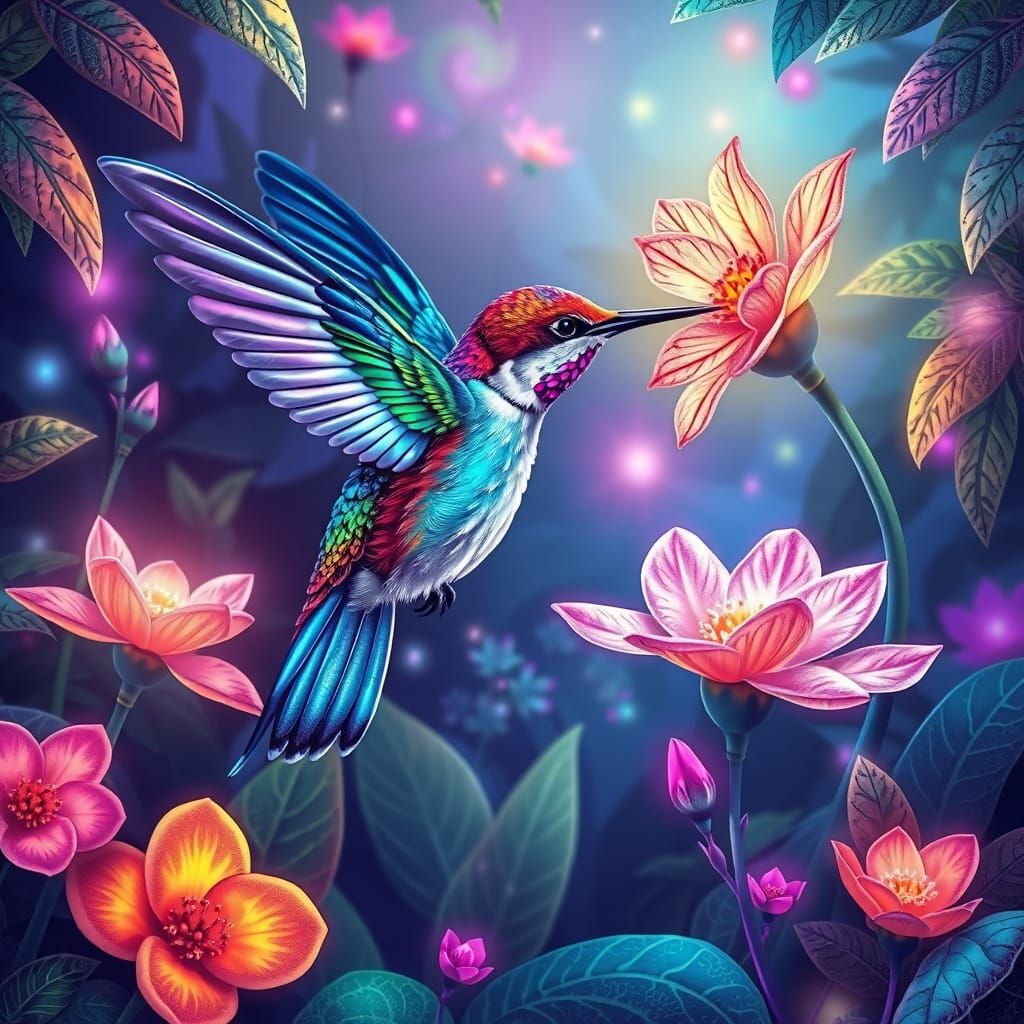 Bioluminescent Hummingbird Sipping Nectar in Jungle Clearing