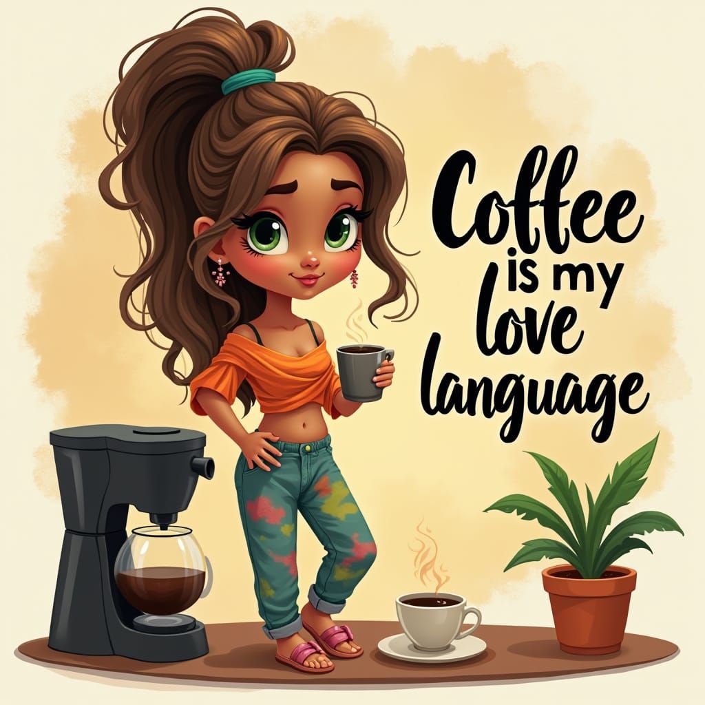 Cartoon Girl with Coffee in Modern Art Style