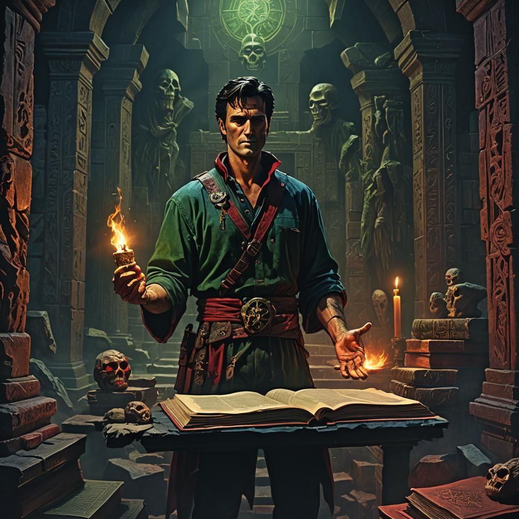 Ash Williams and Fiery Lord in Dark Fantasy Art