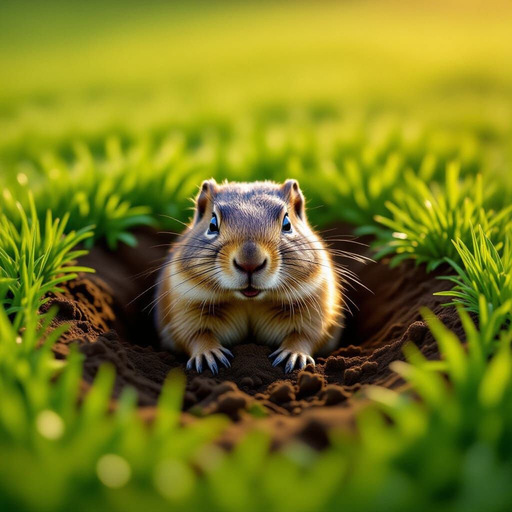 Gopher Emerges From Yard Hole in Golden Hour Light