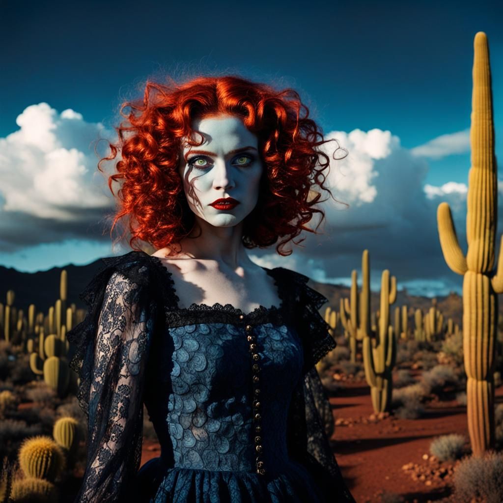 Beautiful Witch in Black Lace Gown, Fauvism Style