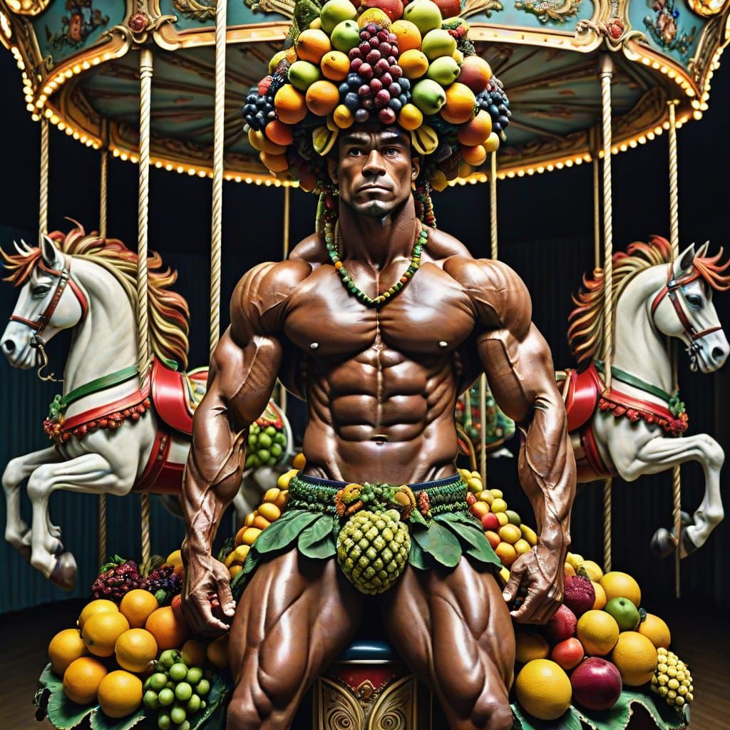 Bodybuilder on Carousel with Fruit Headpiece