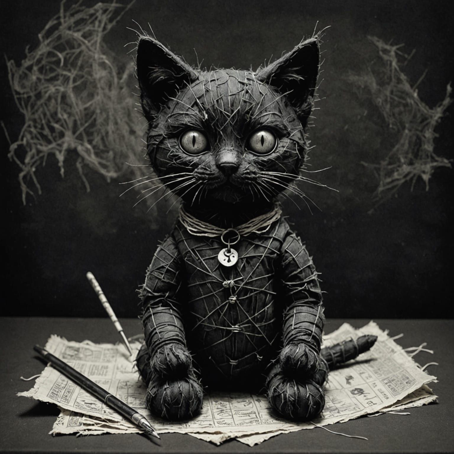 Eerie Charcoal Cat Voodoo Doll Art