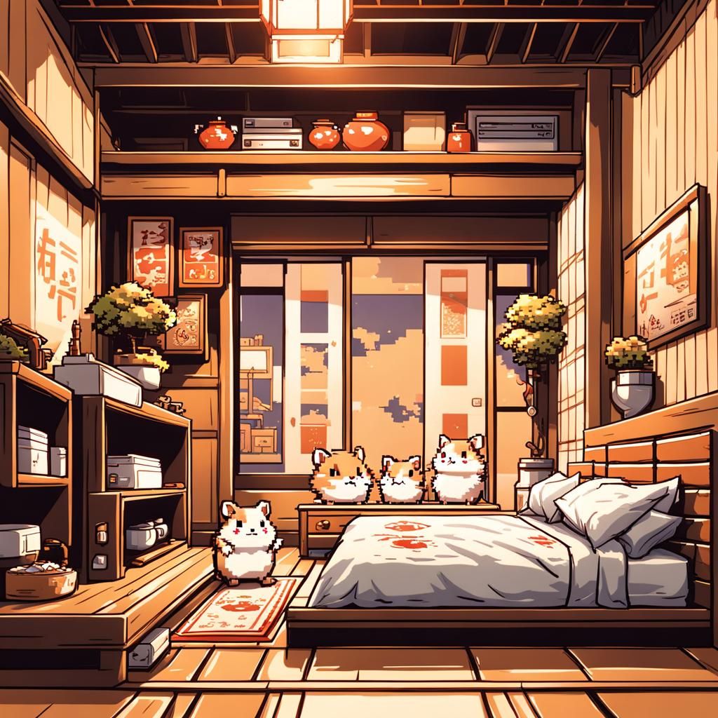Hamster-Themed 8-Bit Pixel Bedroom in Anime Style
