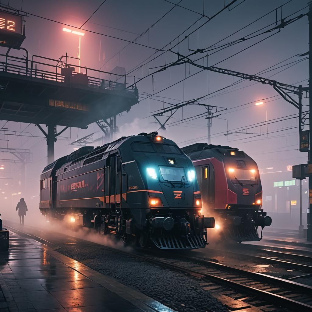 Cyberpunk Locomotive at Foggy Train Station