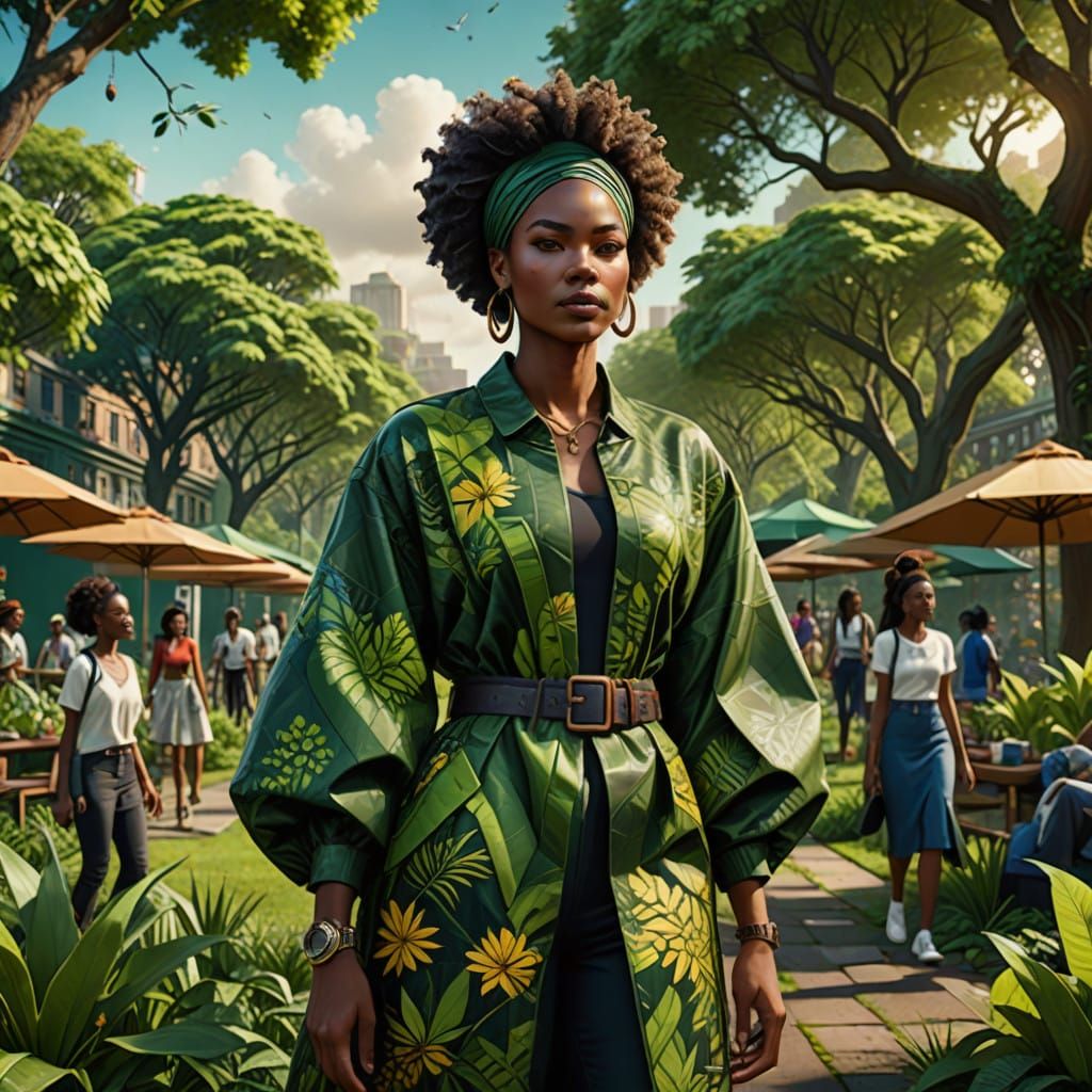 African Woman in Eco-Friendly Fashion Strolls Through Vibran...
