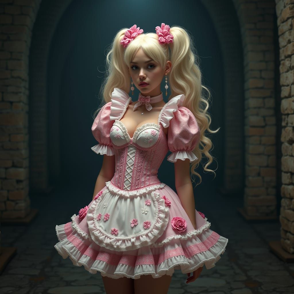 Woman in Maid Outfit in Dark Dungeon