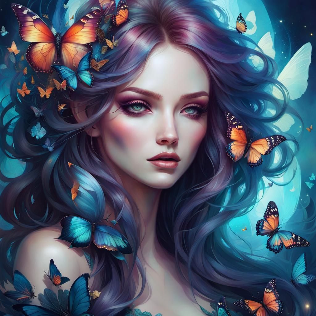 Psychedelic Portrait of Woman with Butterflies