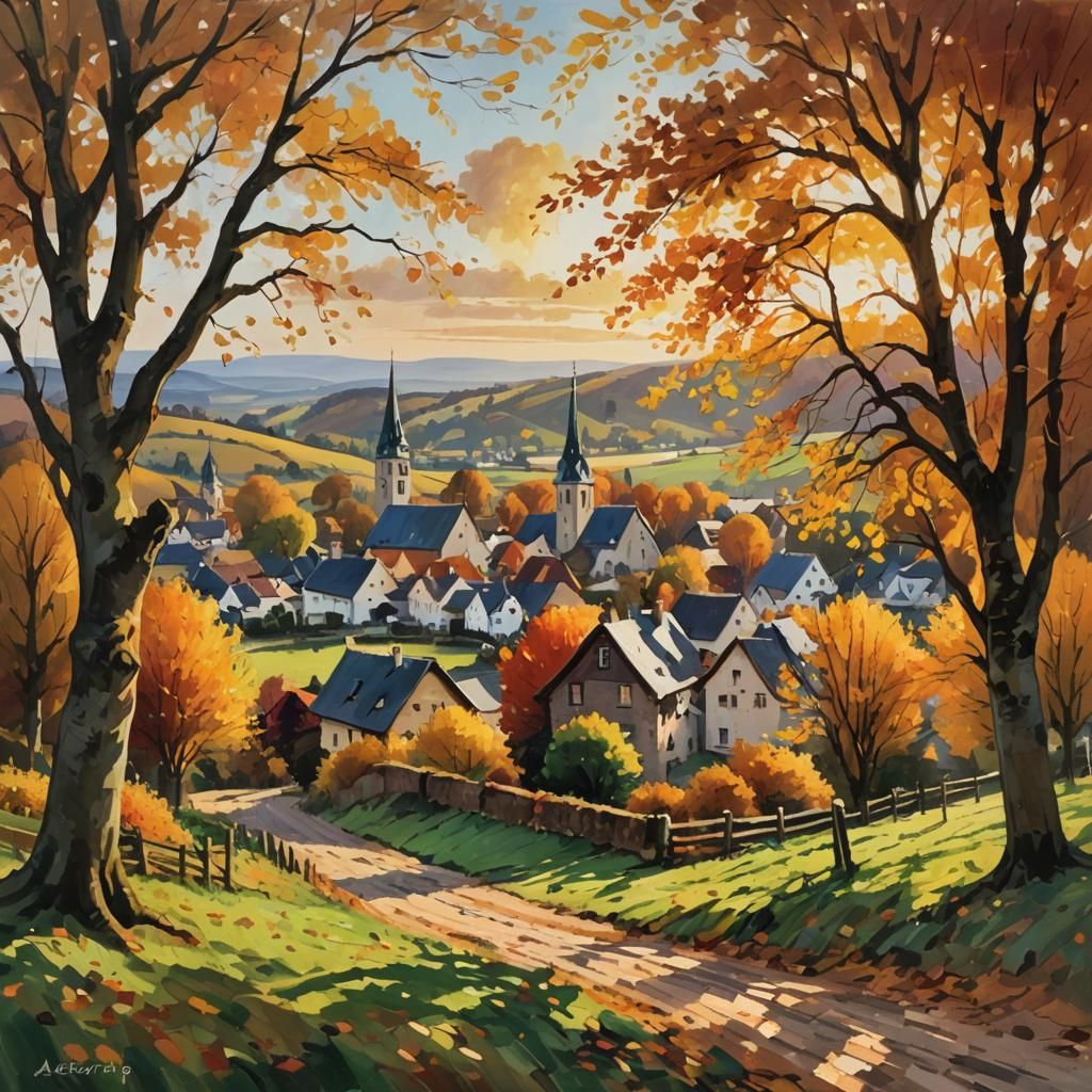 Autumnal Rhineland-Palatinate Village in Impressionist Style