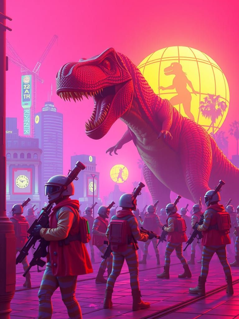 Holographic Vaporwave Glitch dystopia, clown soldiers, golde...