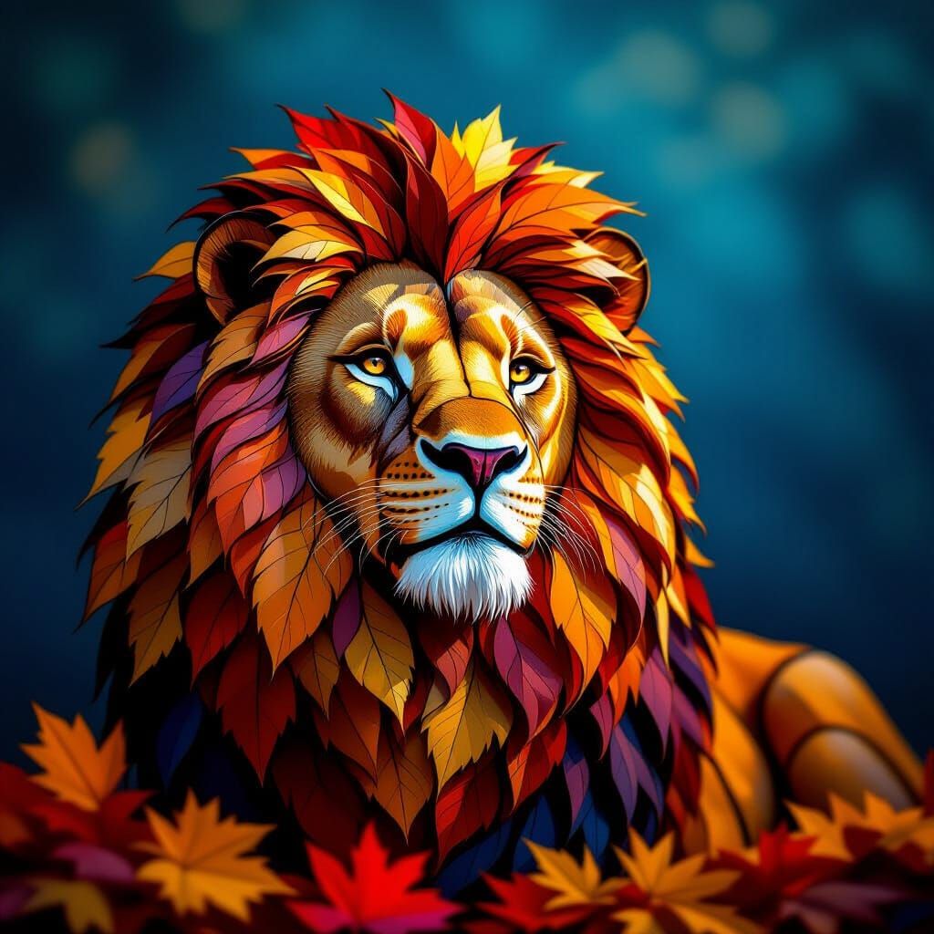 Lion Sculpture Made of Autumn Stained Glass Leaves