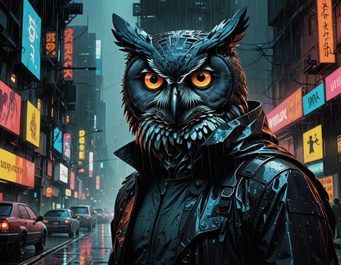 Cyberpunk Warrior Owl Takes Flight in Dystopian Metropolis