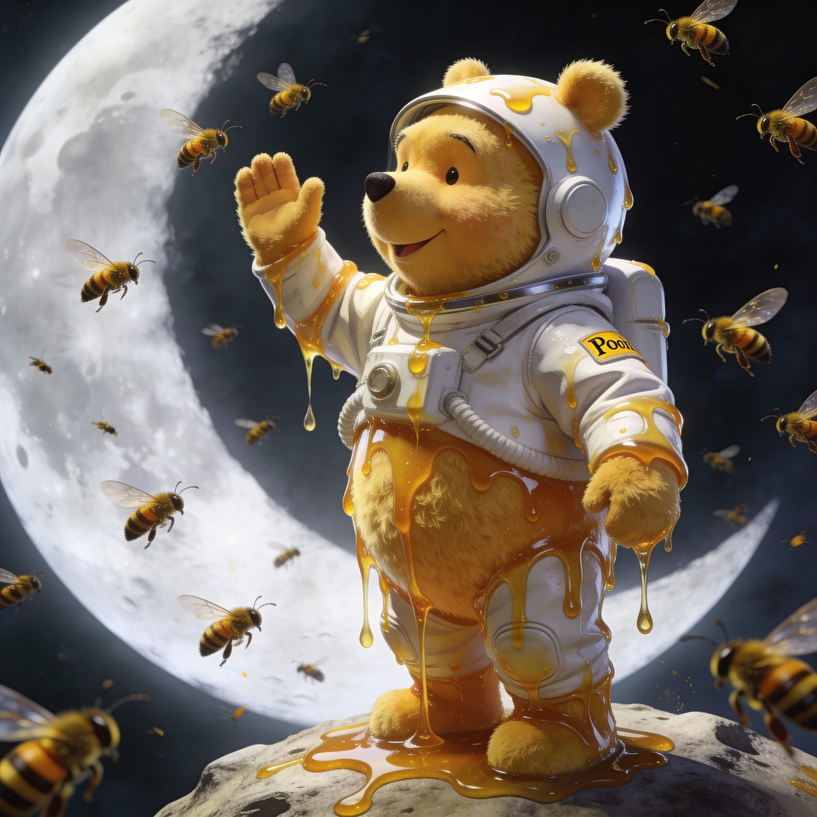 Winnie the Pooh on Moon in Honey-Covered Spacesuit with Bees