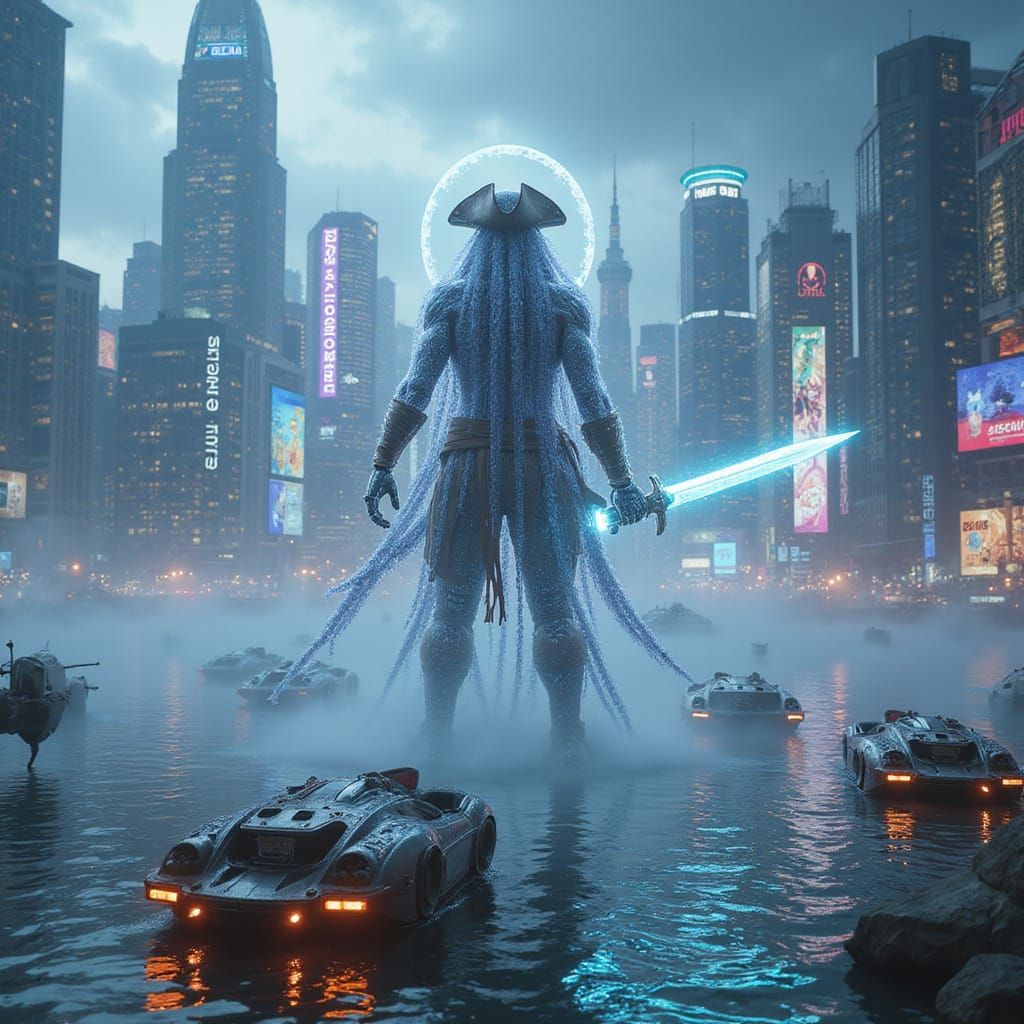 Cyberpunk Pirate Ghost in Futuristic Bay