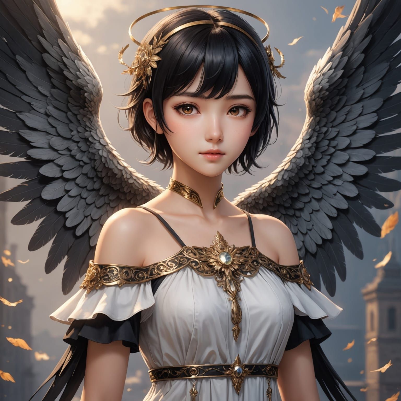 Anime Angel with Black Hair and Brown Eyes