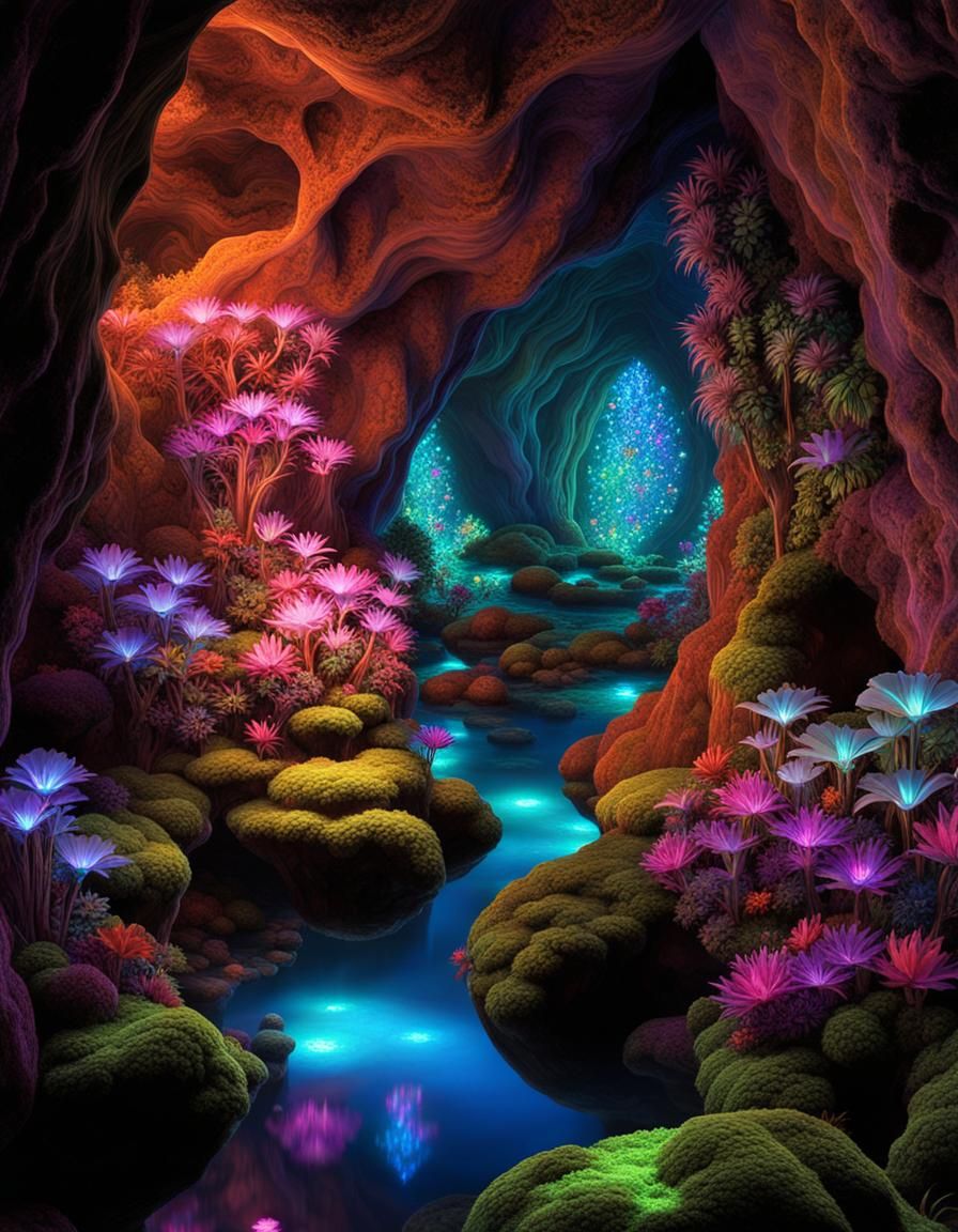 fantasy style, deep inside crystalline caverns full of vibrant, gemstone-studded walls of the underground Bioluminescent...