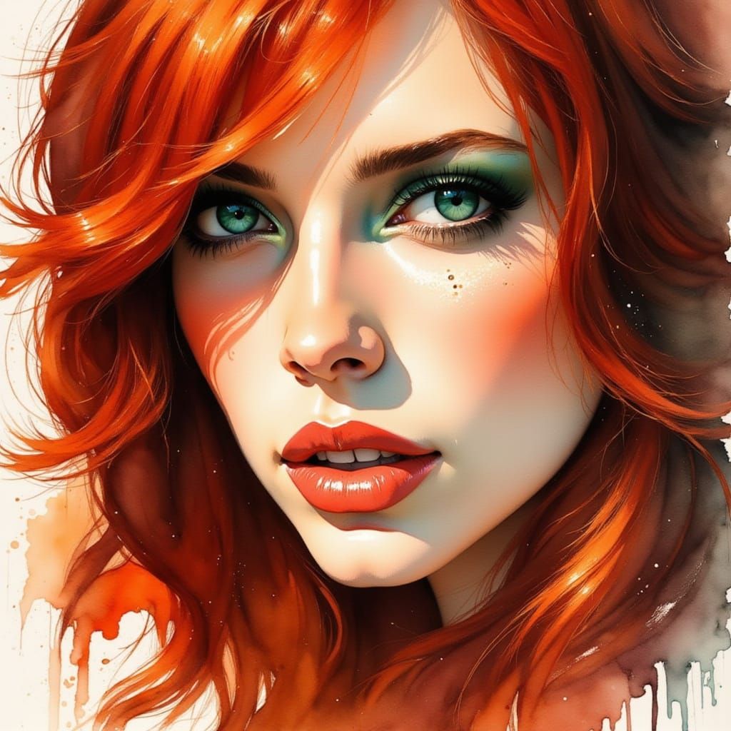 Lush Redhead with Emerald Eyes in Watercolor Style