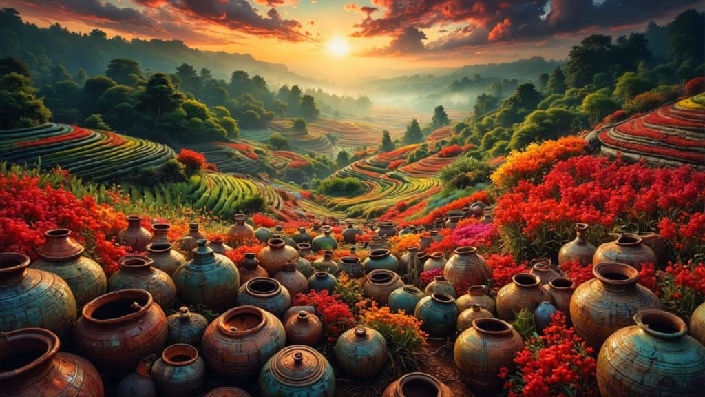 Emerald Tea Plantations in Vietnam with Misty Clouds