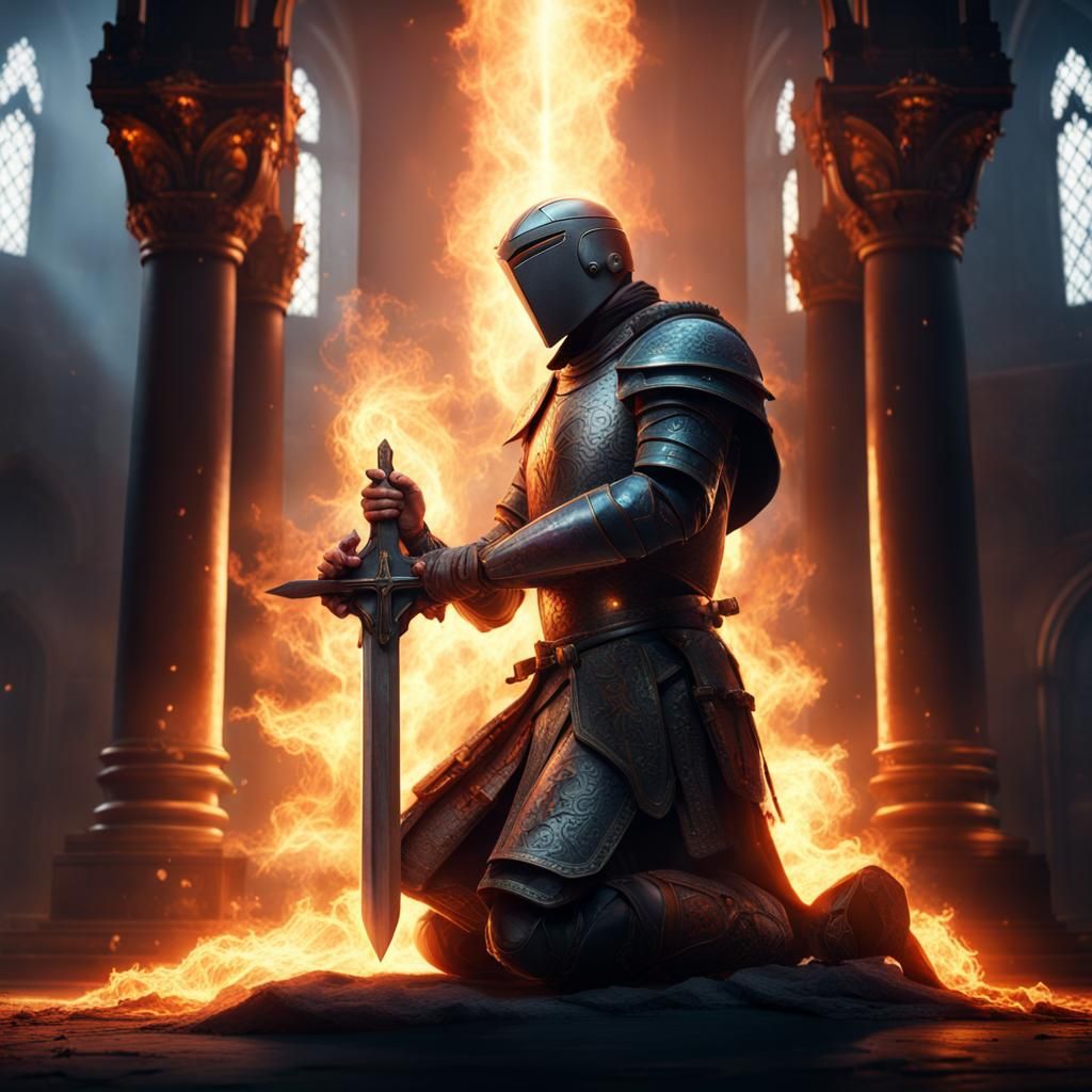 Knight Praying with Flaming Sword in Radiant Light
