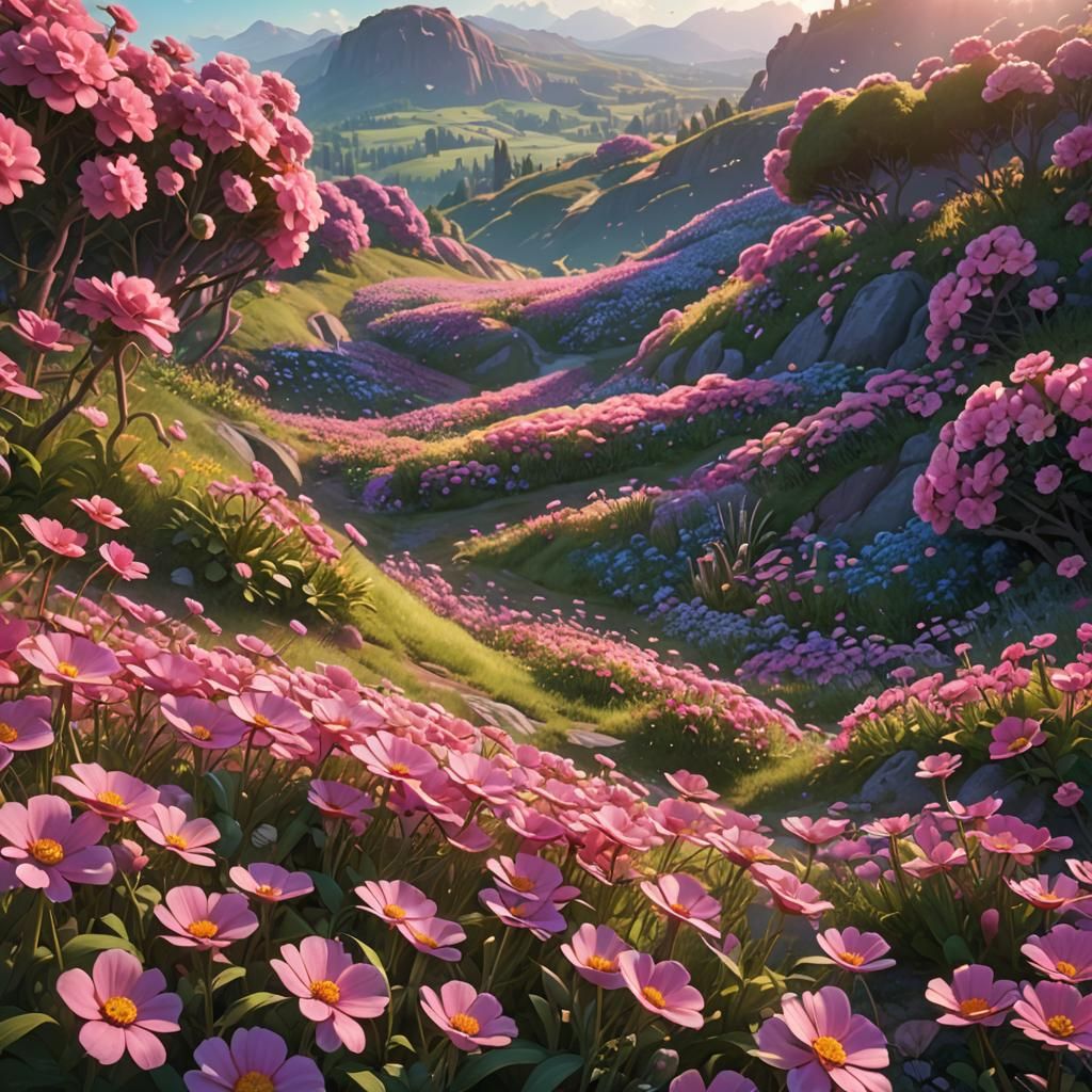 Lush Pink Landscape as Pixar-Style 3D Art