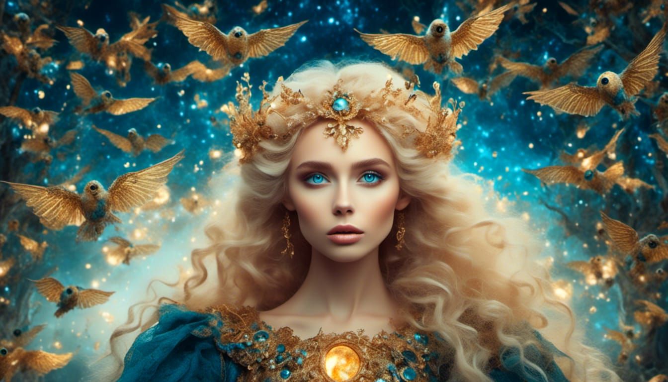 Smiling Elven Woman Portrait with Fairytale Figures