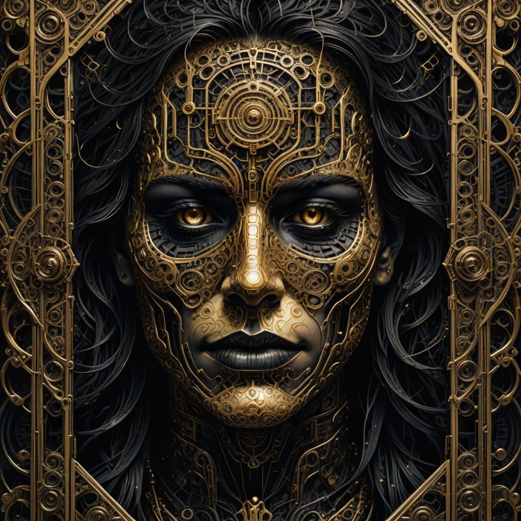 Fragmented Face Engraving in Black and Gold Detail