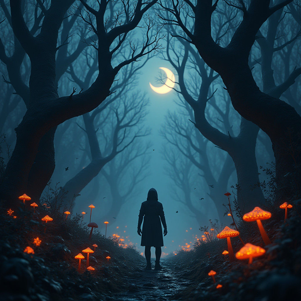 Mystical Forest Edge: Dark Creatures in Fantasy Art Style