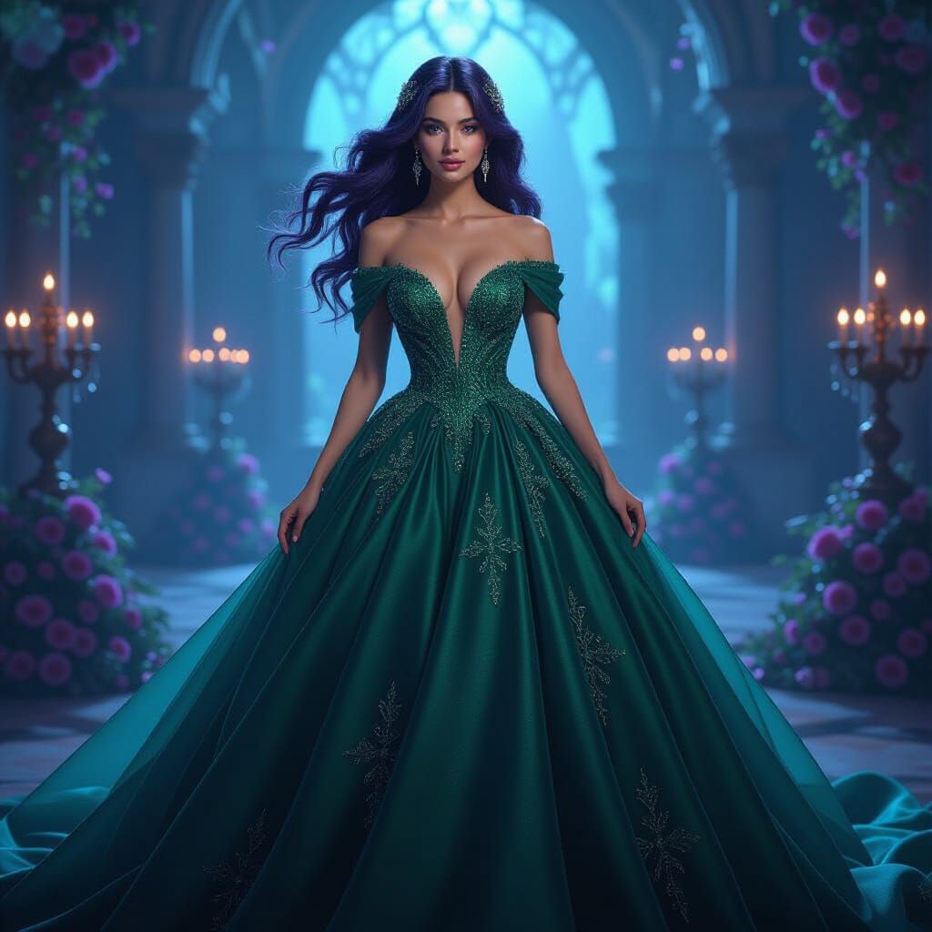 Amethyst Haired Woman in Emerald Gown in Mystical Ballroom
