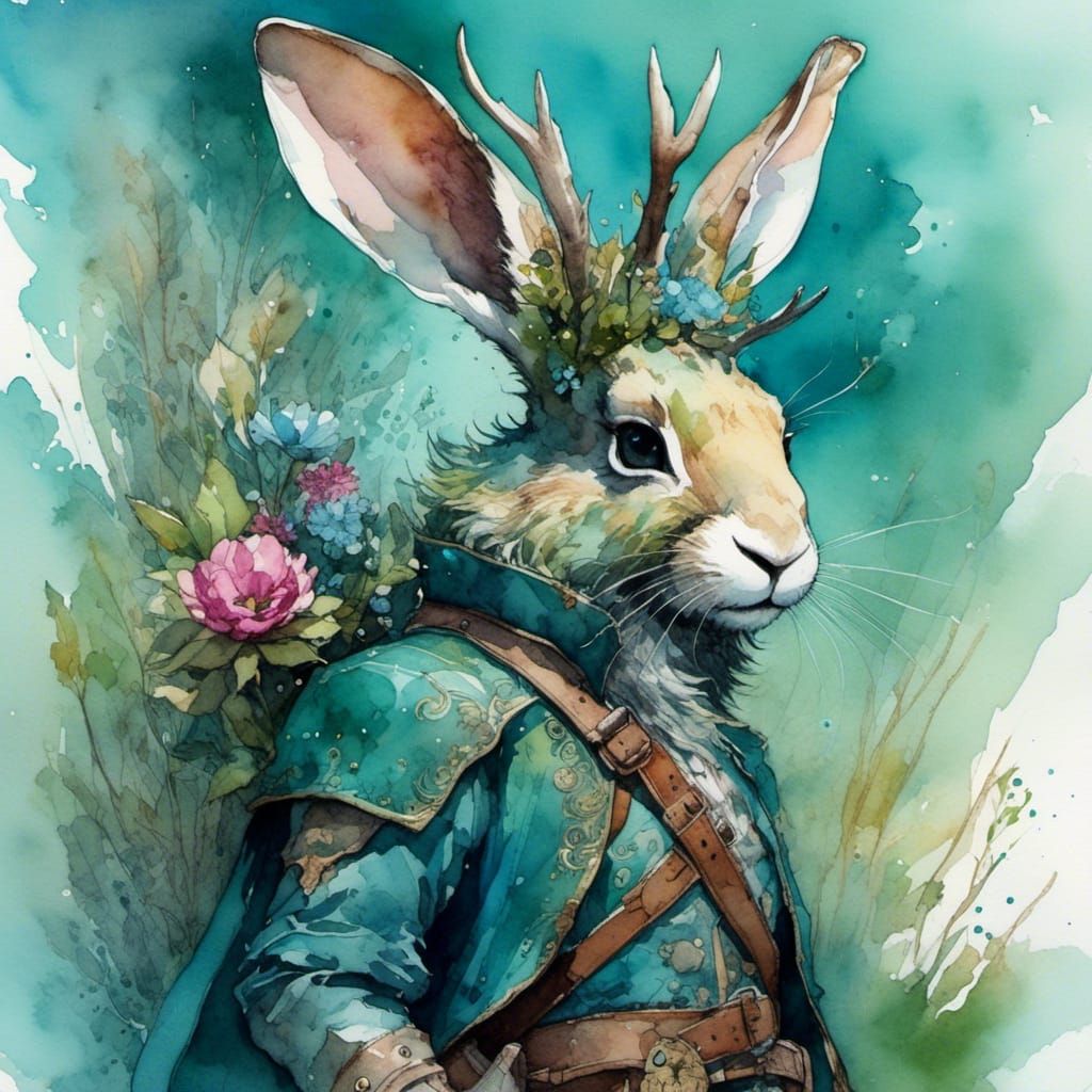 Jackalope Warrior Ranger in Watercolor Style