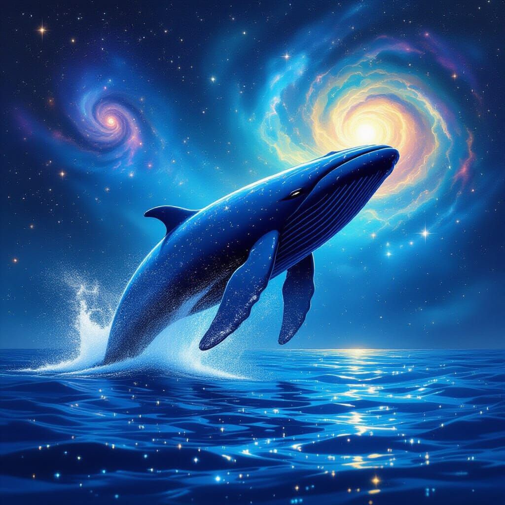 Bioluminescent Whale Breaches Starlight Sea Amidst Galaxies