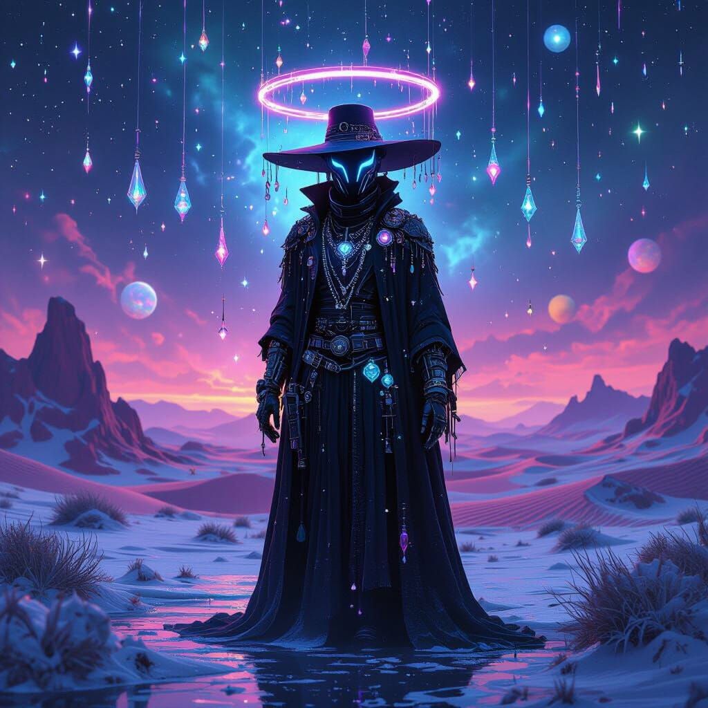 Otherworldly Figure in Neon Desert Under Cosmic Sky