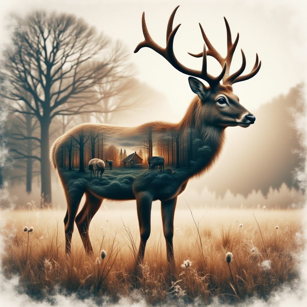 A Distorted Deer with Double Exposure Vision in a Cyberpunk...