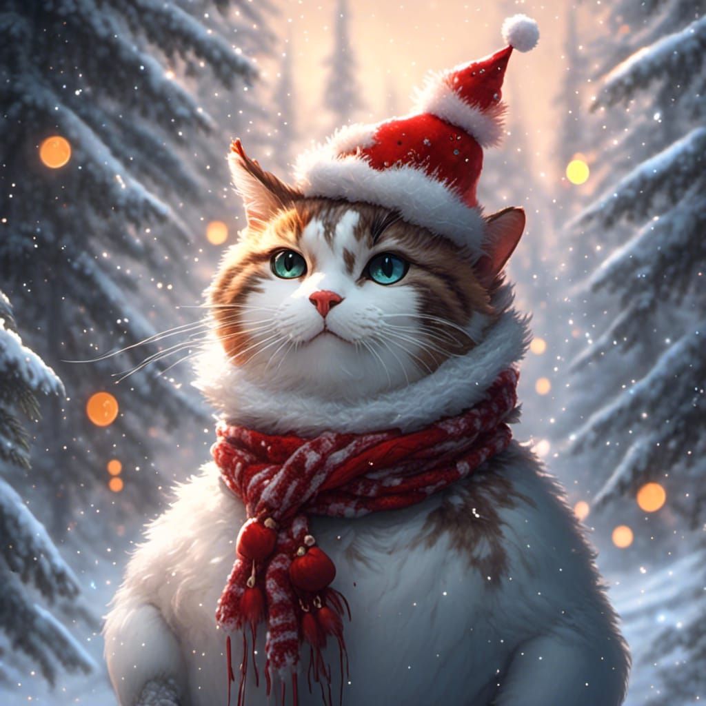 Hyperrealistic Cat-Eared Snowman with Christmas Scarf