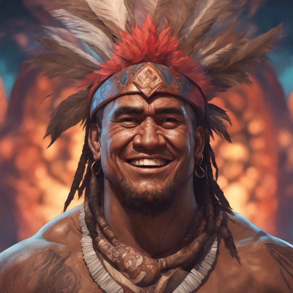 Joyful Samoan Warrior Portrait in Hyperdetailed Style