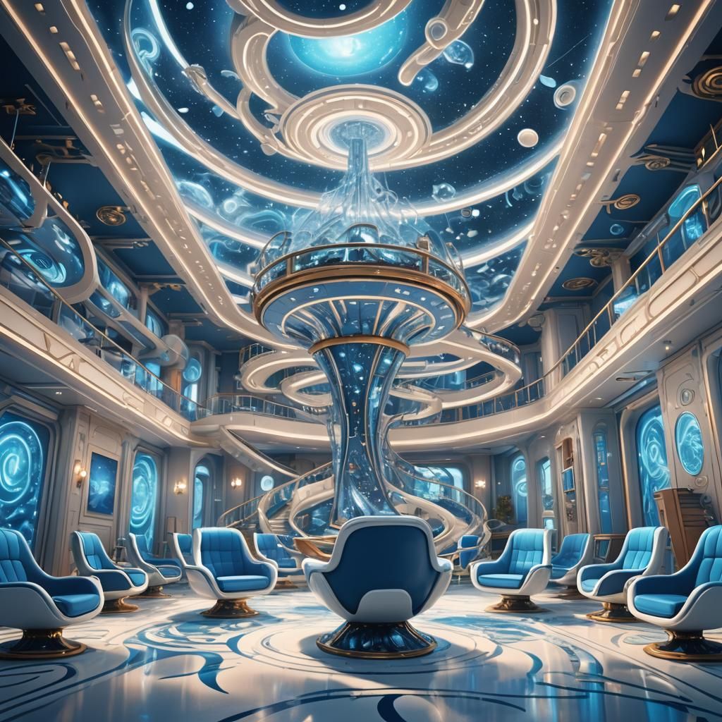 Futuristic Ship Glides on Ocean of Chairs