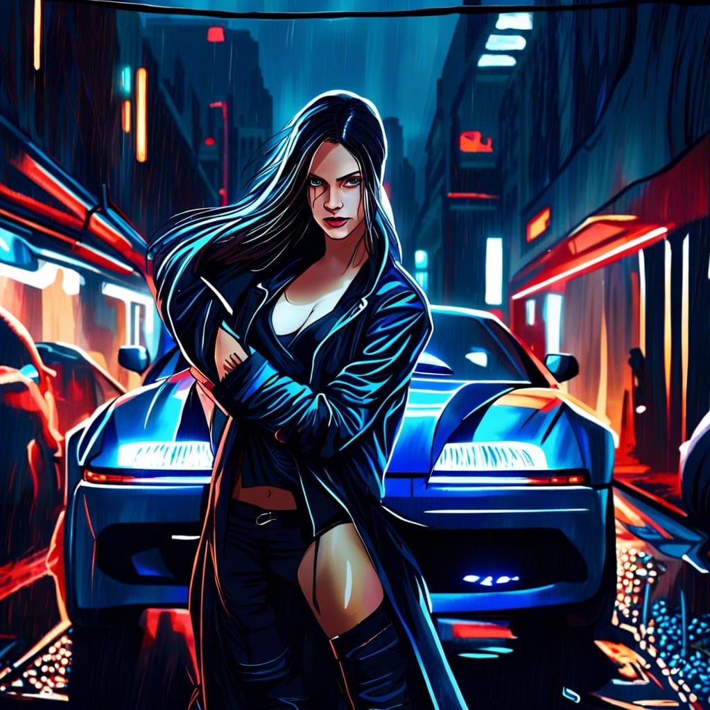 Cyberpunk Woman in Rainy Cityscape