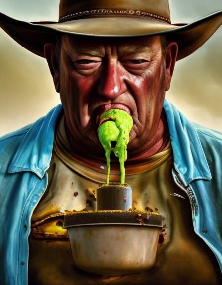 Old Fat John Wayne Eats Sewage: Hyperrealistic Portrait