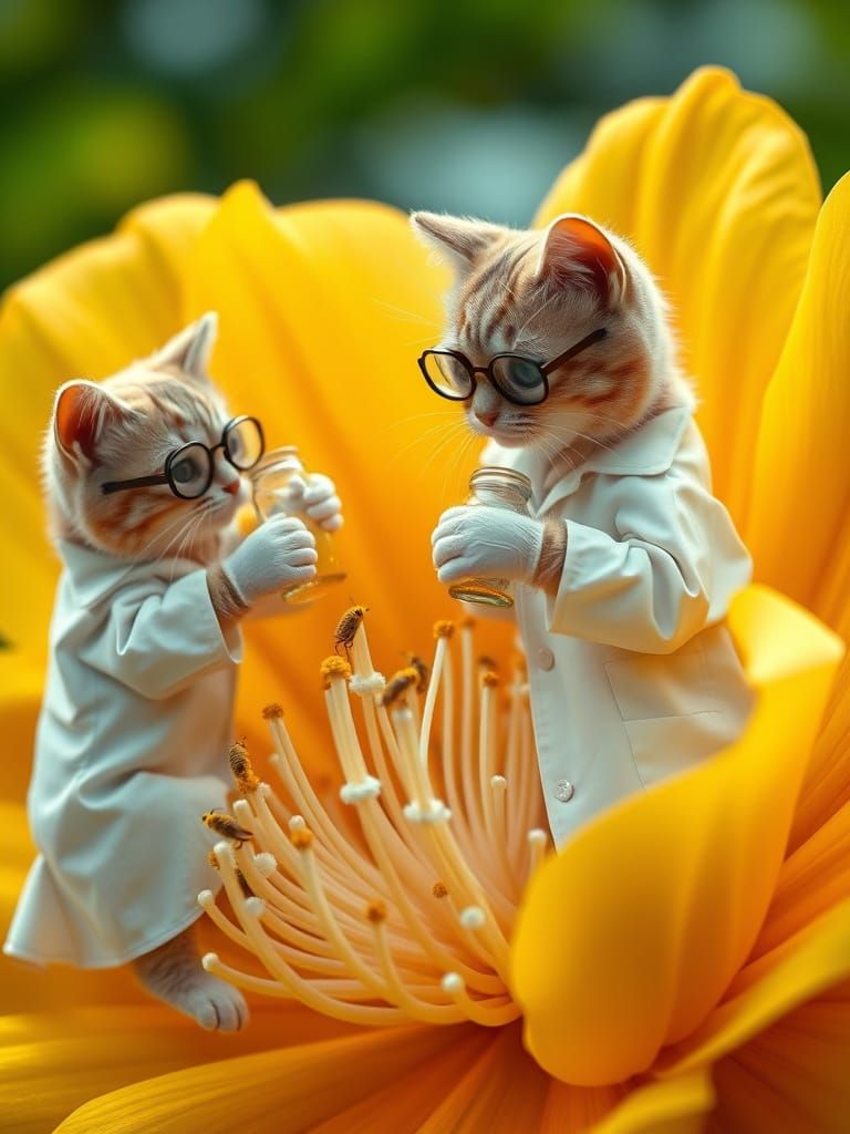 Whimsical Cat-Scientists Study Giant Yellow Flower in Surrea...