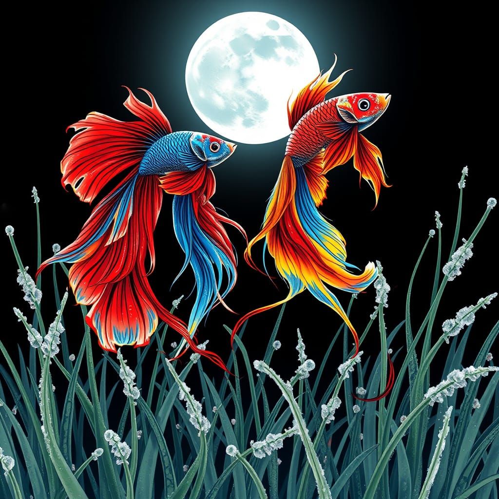 Surreal Betta Fish Dance Under Neon Moonlight