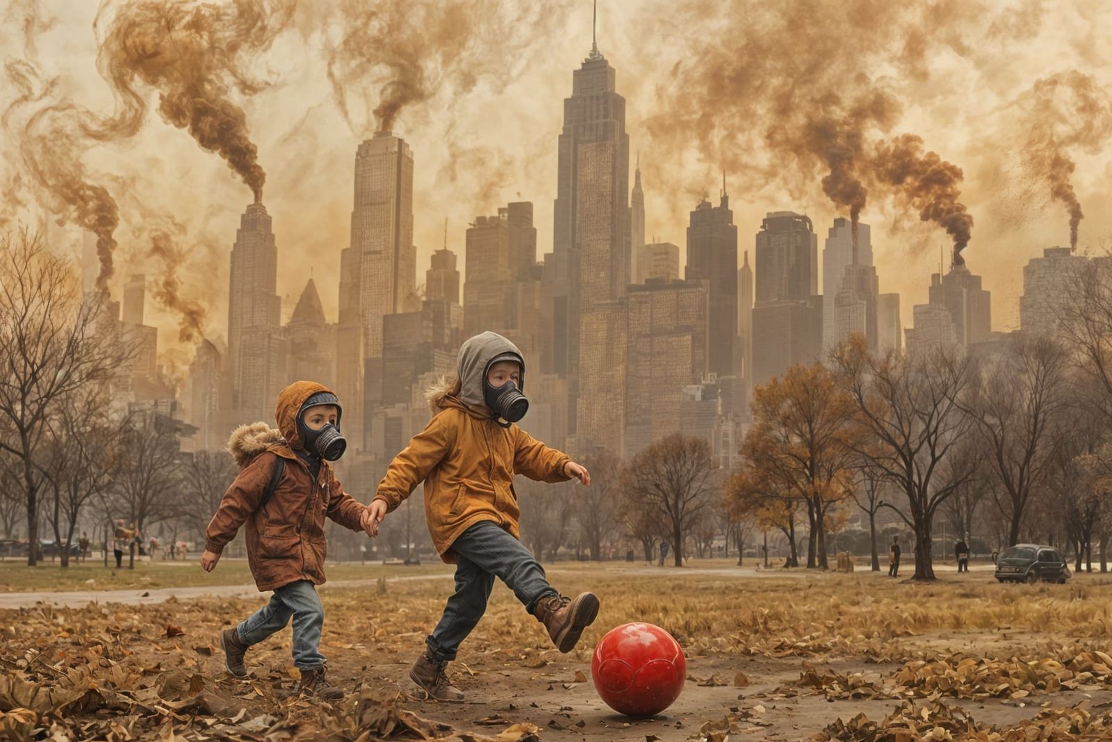 Children Play Ball in Smog-Choked Cityscape Oil Painting