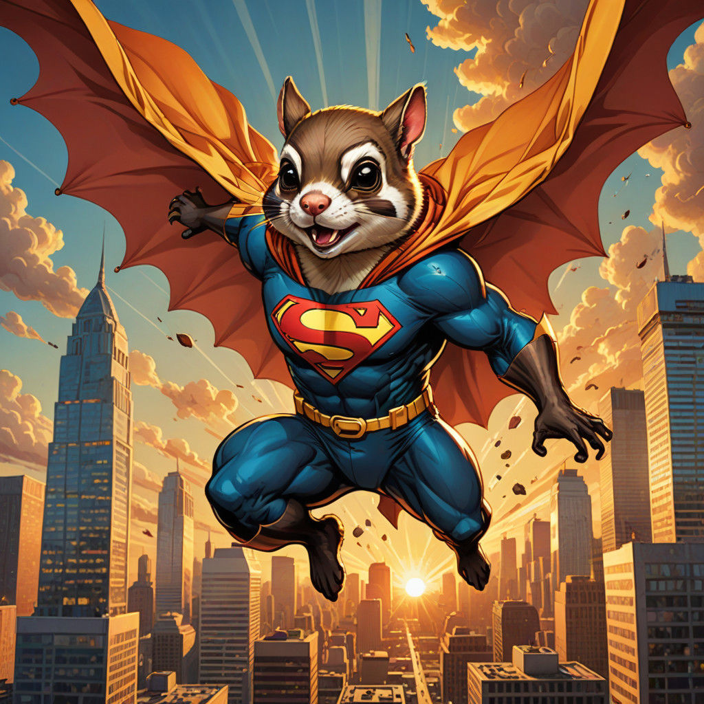 Dynamic Superhero Squirrel Soars Through Cityscape in Comic....