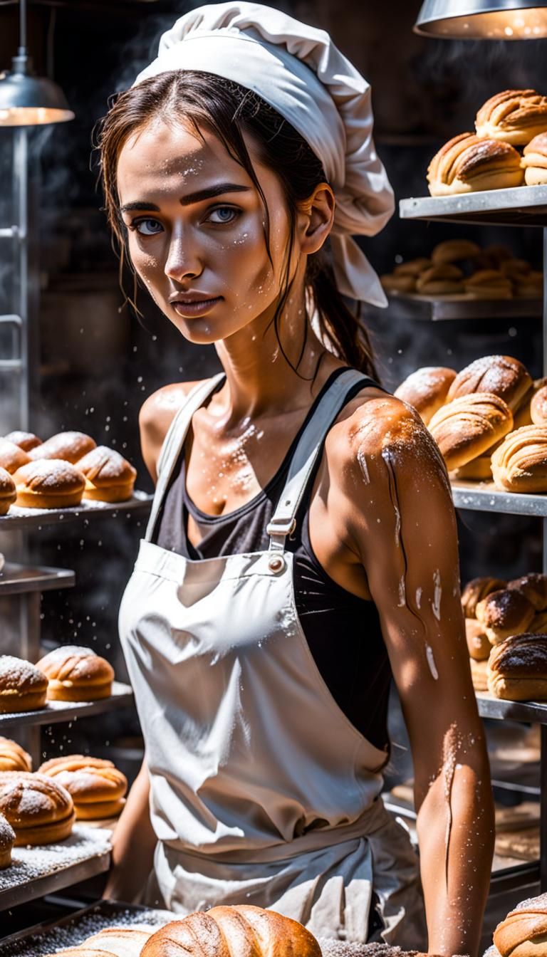 A very beautiful young girl, working in a bakery, working very hard, sweaty body, drops of sweat rolling down her body, ...