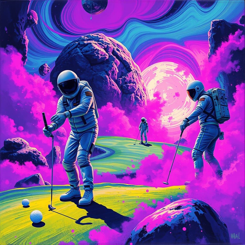 Golfers Play on Neon Asteroid in Street Art Style