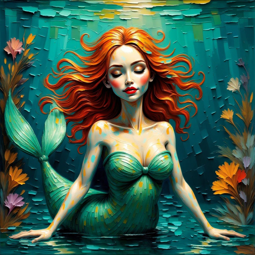 Impressionist Mermaid in Coral Reef with Gold Accents
