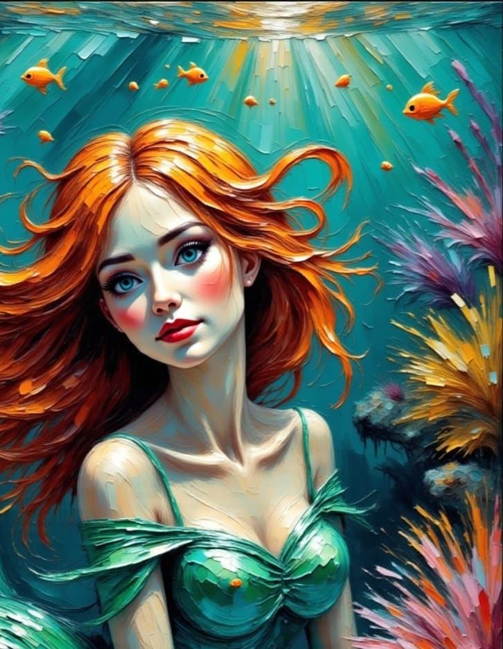 Impressionist Mermaid in Coral Reef, Impasto Oil Painting